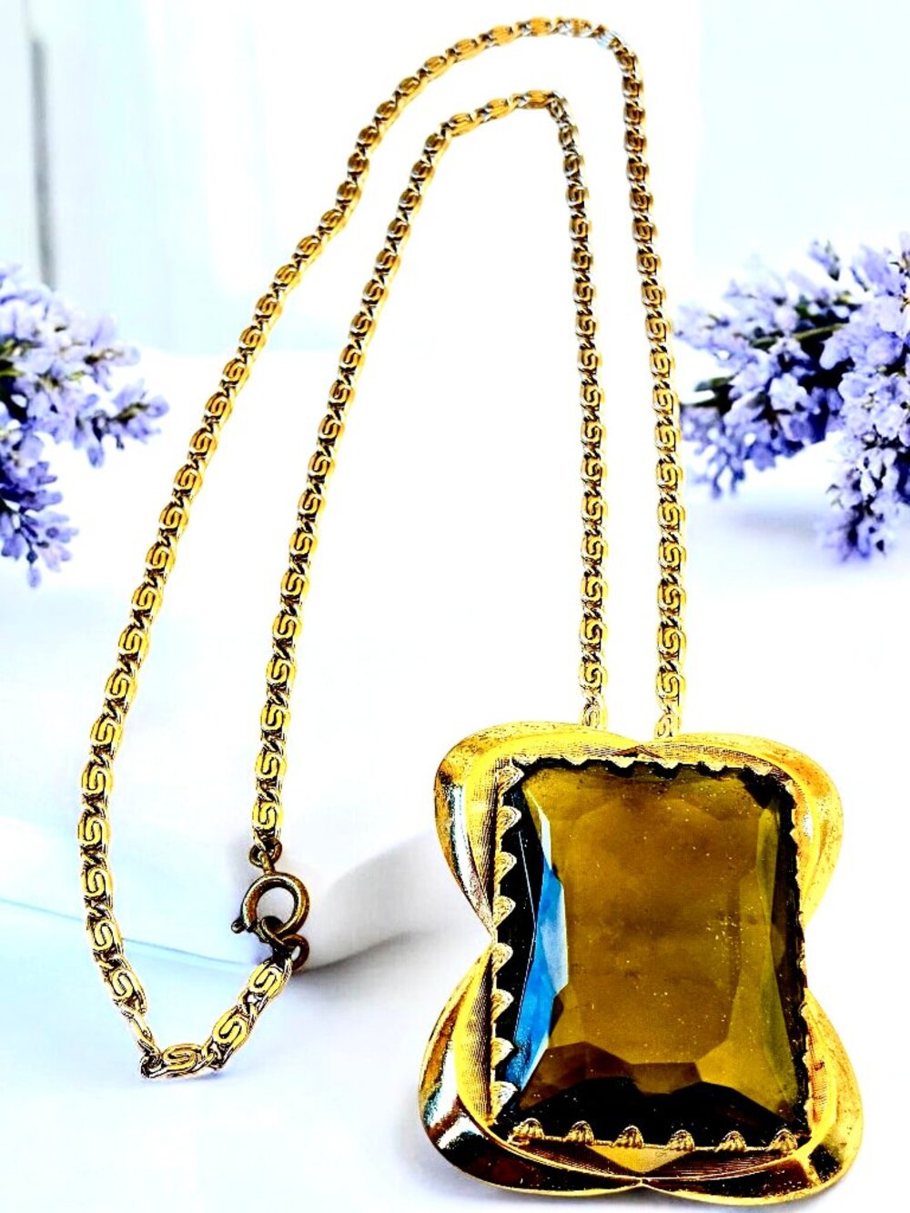 Vintage West Germany Green Faceted Glass Pendant Necklace Brooch Goldtone Chain
